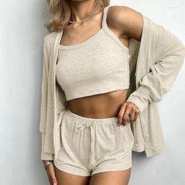 Home Clothing European And American Foreign Trade Summer Knitted Loose Long-sleeved Underwear Shorts Pyjamas Three-piece Clothes