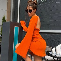 Casual Dresses Women Sexy Lace Up Halter Backless Mini Dress Flare Long Sleeve Hip Party Club Bodycon Streetwear