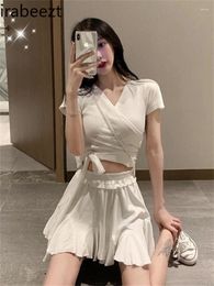Work Dresses Irabeezt Short Skirt Suits Women 2024 Summer Korean Preppy Style Sexy V Neck Tops High Waist Two-piece Clothes Trend