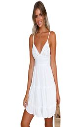 Neue Sommerkleid Frauen sexy Riemchen Spitze Weiße Mini Kleider weibliche Damen Beach gegen Neck Party Schwarz gelbrosa große Größe6766987