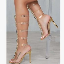 Women Gladiator Sandals Perfetto Style Prova Fashion PVC Sexy Long Crystal Shining High Heels 10c 881