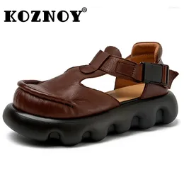 Sandals Koznoy 4.5cm Ethnic Genuine Leather Mary Jane Round Summer Sandal Women Platform Wedge Buckle Fashion Ankle Booties Shoes