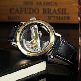 Forsining Fashion Transparent Skeleton Mechanical Men Watch Leather Starp Business Clock Mens Automatic Wristwatch1 195s