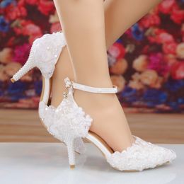 Spring White Lace Flower Rhinestone Wedding Shoes Newest Design Luxury Handmade High Heel Bridal Shoes Evening Prom Pumps 247S