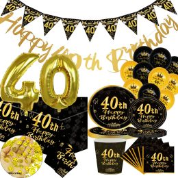 Happy Birthday 40 Year Old Disposable Tableware Black Gold Plate Tablecloth Banner For 40th Birthday Party Decorations Supplies