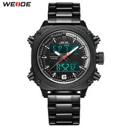WEIDE Mens Sports Auto Date Week Display Digital Quartz Stainless Steel Band Belt Wristwatch Black Clock Relogio Masculino Hour 352M