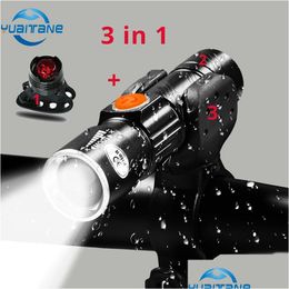 Bike Lights 3 In1 8000 Lumen Bicycle Light Set Usb Rechargeable Led Waterproof Super Bright Zoom Headlight Rear Mtb 230525 Drop Delive Otakf