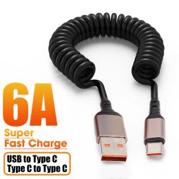 6A Type C Cable Fast Charging Coiled USB A To Type C Charge Cord for Car Retractable USB-C Charging Cable for Xiaomi Samsung