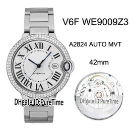 New V6F WE9009Z3 ETA A2824 Automatic Mens Watch Diamond Bezel White Textured Dial Black Roman Markers Steel Bracelet Best Edition Puret 289e