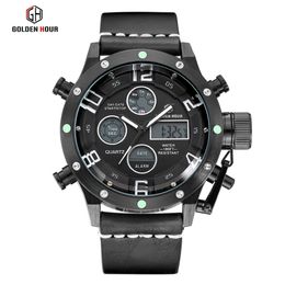 Reloj Hombre GOLDENHOUR Leather Led Watch Men Casual Army Alarm Watches Sport Quartz Man Wrist Watch Waterproof Male Clock 200g