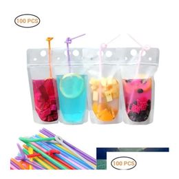 Other Drinkware Clear Drink Pouches Bags Frosted Zipper Plastic Drinking Bag With St Standup Holder Reclosable Heatproof For Liquid Dhtzx