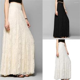 Skirts 2024 Women Double Lace Layer Chiffon Pleated Long Maxi Skirt Elastic Waist Floral Ankle-length White Black Streetwear
