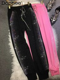 High Quality Fleece Warm Drilling Shiny Sweatpants Women Elastic Waist Sweet Pink Sports Casual Pants Winter Joggers 240516