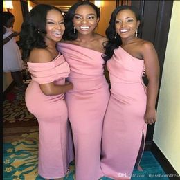 African Pink One Shoulder Satin Long Bridesmaid Dresses 2020 Ruched Side Split Sweep Train Wedding Guest Maid Of Honor Dresses BM1560 244Z