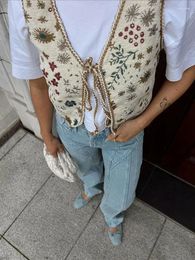 Women's Vests Women Spring Vintage Printed Lace Up Vest Chic V-neck Sleeveless Spliced Cropped Top Waistcoat Summer Lady Casual Cardigan