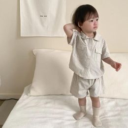 Clothing Sets Children Shirt Outfits Summer Thin Boy Infant Striped Short Sleeves Tops Shorts 2pcs Girl Baby Plaid Loose Cotton Blouses Suit