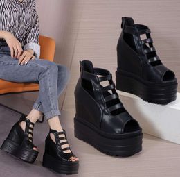 Sexy Hollow Summer Sandals Trend Fish Mouth Shoes European And American High-Heeled Wedge Black Ladies With Waterproof Platform. 29679