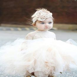 Vintage Lovely Ivory Baby Infant Toddler Baptism Clothes Flower Girl Dresses With Long Sleeves Lace Tutu Ball Gowns Cheap 232B