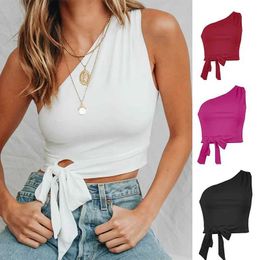 Women's Tanks Camis 2023 One Shoulder Summer Sexy Club Crop Top Sleeveless Womens Sexy T-shirt White Black Tight Lace Bow Top Casual S2452733