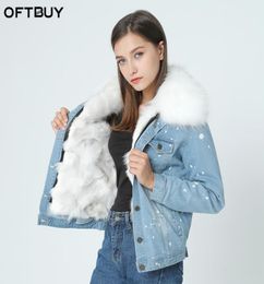 brand 2020 autumn winter jacket coat women Holes Denim jacket real large raccoon fur collar and real Fox fur thick warm Liner2401590