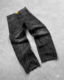 Y2k Retro Black Baggy Jeans for Men Hip Hop Punk Raw Edge Embroidery Vintage Pattern Patchwork High Waisted Denim Pants 240527