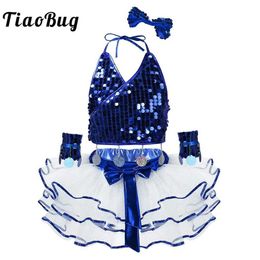 Dancewear TiaoBug Kids Girls Modern Jazz Dance Costumes Sequins Crop Top with Mesh Tutu Dancing Dress Outfit for Child Stage Performance Y240524