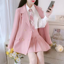 Work Dresses Preppy Pink Uniform Top Women Long Sleeve Jk Suit Coat Japanese Girl Student Blazer For Clothes Tie Blouse Pleated Skirt Set