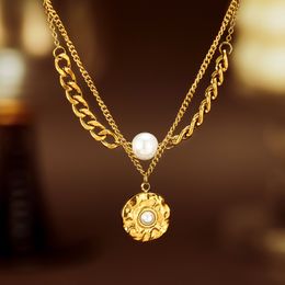 Personalised retro light luxury stainless steel pearl medallion double layer necklace clavicle chain