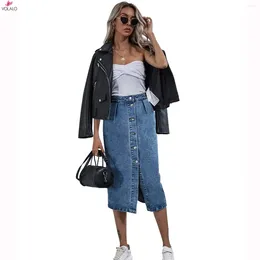 Skirts VOLALO Blue Denim Midi Skirt Summer Women High Waisted Button Up With Pockets Ladies Washed Vintage Streetwear Slit Jean
