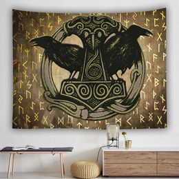 Tapestries Viking Crow Wolf Rune Meditation Wall Tapestry Hippie Ancient Totem Animal Symbol Gothic Decor Living Room Blanket