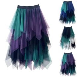 Skirts Tulle Skirt Women Summer High Waist Up Party Petticoat Personality Design Cake Color Patchwork Pengpeng