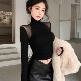 Women's T Shirts Pure Girl Sexy Mesh See-through Off-the-shoulder Top Autumn And Winter Fleece Lined Sanded Turtleneck Lace Bottoming