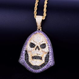 Hoody Skull Purple Stone Pendant Necklace Personality Chain Gold Silver Iced Out Cubic Zirconia Hip hop Rock Jewellery 2754