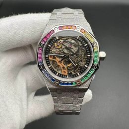 Fashions automatic men watch Frosted silver case 42mm Skeleton dial Rainbow baguette diamonds bezel Hot selling