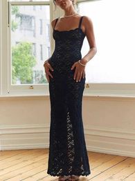 Basic Casual Dresses Elegant lace See Through Maxi dress for womens summer sexy spaghetti shoulder strap Bodycon wedding party dress 2023 black split len J240527