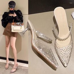 Slippers Women Sexy High Heels Mules Rhinestone Bling Slides PVC Transparent Sandals Thin Heel Silver Summer Party Dress Shoes
