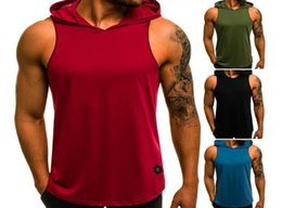 Men Fitness Hoodies Tank Tops Sleeveless Bodybuilding Tee Shirt Fashion Stringer Male Workout Hooded Vest Sportswear9972504