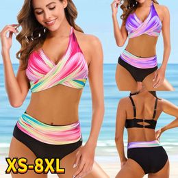 Women Sexy High Waist Bikini Set Female Plus Size Rainbow Print Swimsuit Tankinis Summer Brazilian Plus Size Beach Swimwear 240527