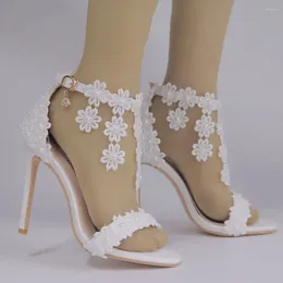 Dress Shoes Classic Women Ankle Strap Sandals White Lace Flowers Pearl Tassel Super Heel Fine High Heels Slender Bridal Wedding