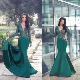 Dark Green Lace Mermaid Evening Dresses Long Sleeve Sheer V Neck Mother Of The Bride Dress Cheap Custom Made Formal Gowns 300Q