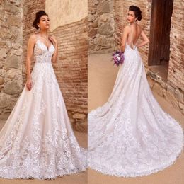Kitty Chen 2019 A Line Wedding Dresses Spaghetti Neck Backless Elegant Lace Appliqued Bridal Gowns Sweep Train Tulle Beach Wedding Dres 251y