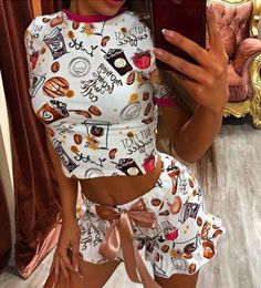 OMSJ 2020 New Women Funny Sleepwear Party Suit Summer Casual Crop Top And Shorts Sets Female Two Piece Outfits Fashion Tracksuit9800066