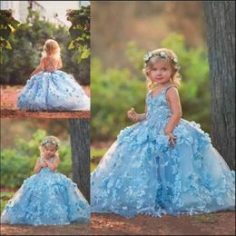 Blue Princess Flowers Girls Dresses For Wedding V Neck Backless Appliques Ball Gown Kids Pageant Gowns First Holy Communion Dress 2885