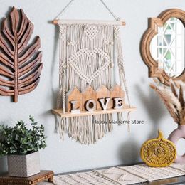 Tapestries Macrame Wall Hanging Shelf - 1 Tier With Handmade Woven Rope Boho Shelves Organiser Hanger For Kitchen