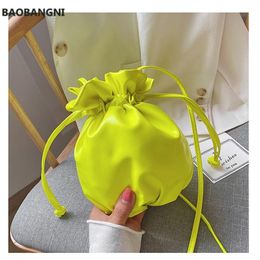 Women Crossbody Bucket Bag Neon Color Girls Shoulder Messenger Bags Orange Drawstring Handbags Organizer PU Leather 2783