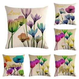 Pillow Coloured Transparent Flowers Design Linen Throw Covers Couch Cover Home Decorative Pillows Car Decor