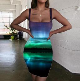 Casual Dresses Brand Aurora Women Northern Lights Halter Sleeveless Lake 3d Print Dark Bodycon Dress Beautiful Vestido SexyCasual4315984