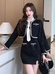 Work Dresses Fashion Ladies Vintage Black Tweed 2 Pieces Outfits Women Clothing Coat Tops Jacket Outwear And Sexy Strap Mini Dress Short Set