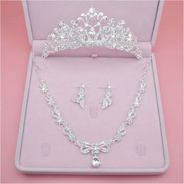 Silver Wedding Bridal Rhinestone Tiara Crown Necklace Earrings Crystal Peacock Women Party Jewelry Sets Hair Accessories Three Pieces 272T