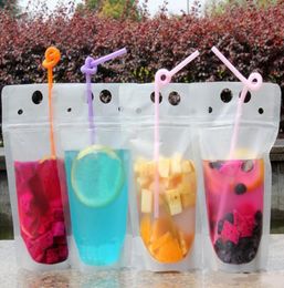 100pcs Clear Drink Pouches Bags frosted Zipper Standup Plastic Drinking Bag with straw with holder Reclosable HeatProof 500ml DH7699582